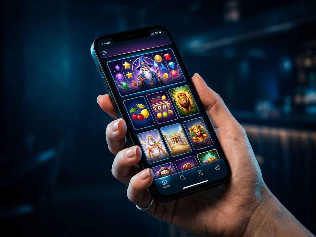 Smartphone displaying casino lobby in a hand